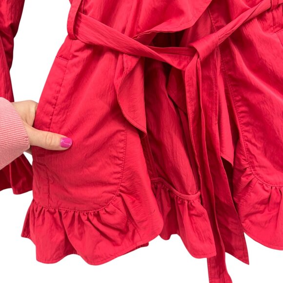 Etcetera Belted Ruffle Jacket Womens Coral Red Pink Trench Coat Size 4 - Picture 13 of 16